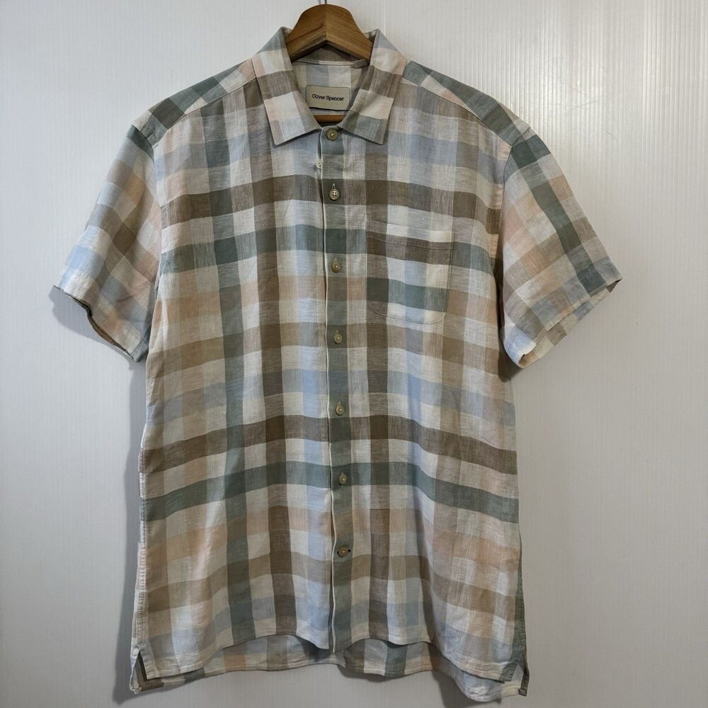 Oliver Spencer Men's Shirt 15.5 Button Up Linen Cotton Blend Plaid Short Sleeve